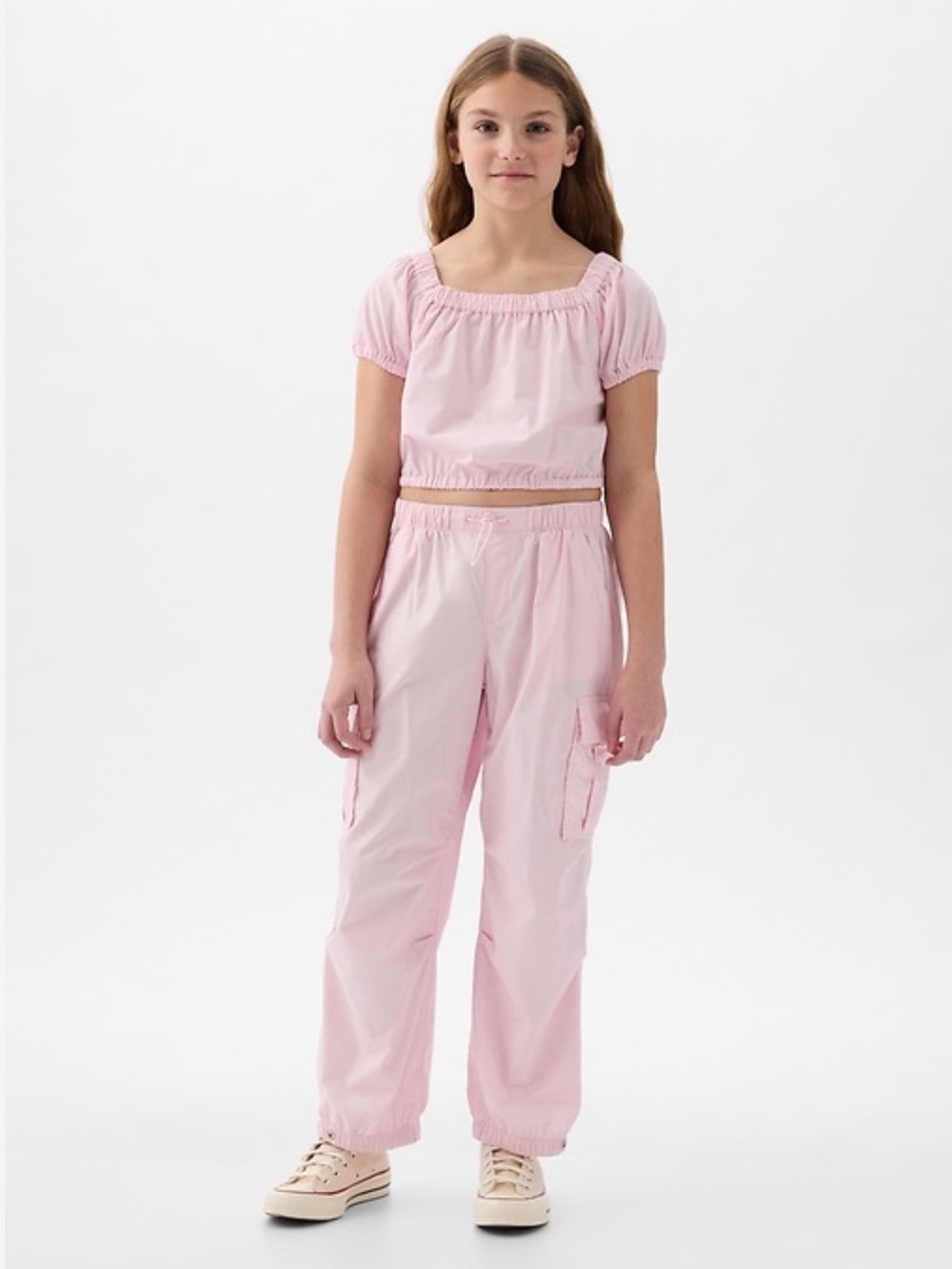 Girls Pink Peony Parachute Cargo Set - Breathable Pull-On Pants & Crop Top, NEW